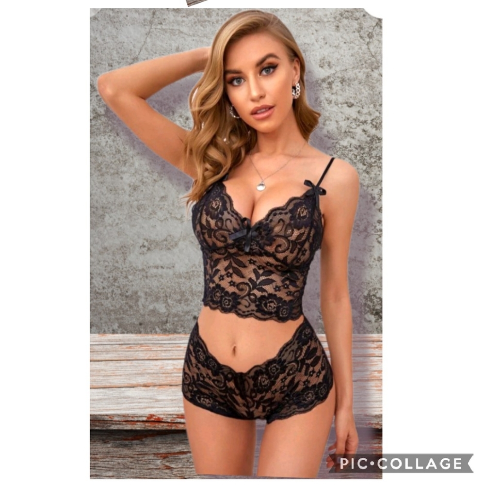 LARGE black 2 piece cami & shorts with bow details